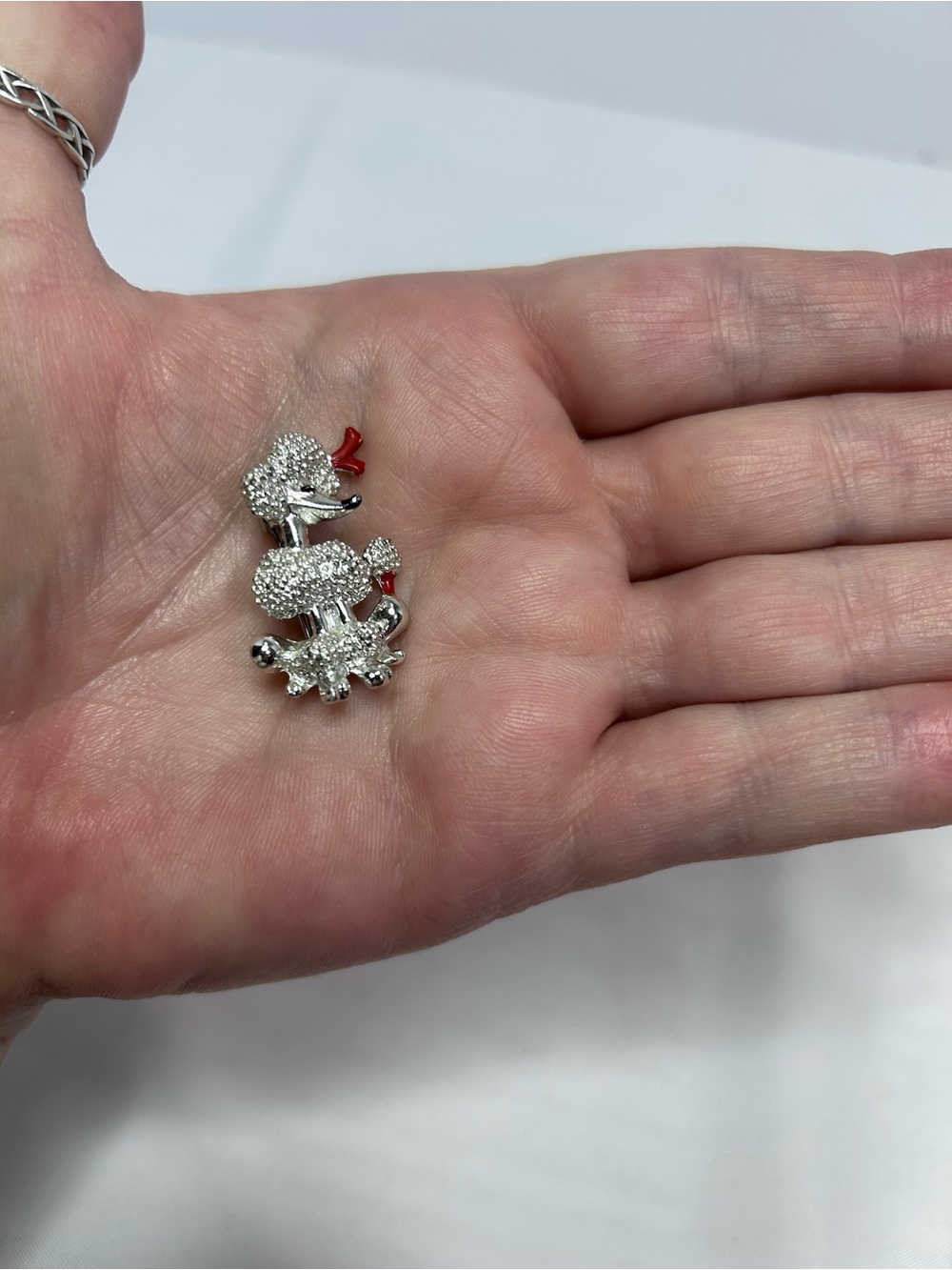 Silver Tone Poodle Brooch with Red Accent